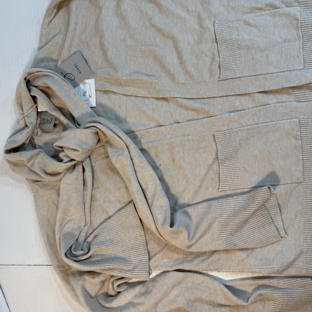 Sioni Womens Cardigan sz M Open Front Pockets Beige Scarf Styling Options light - Picture 4 of 16
